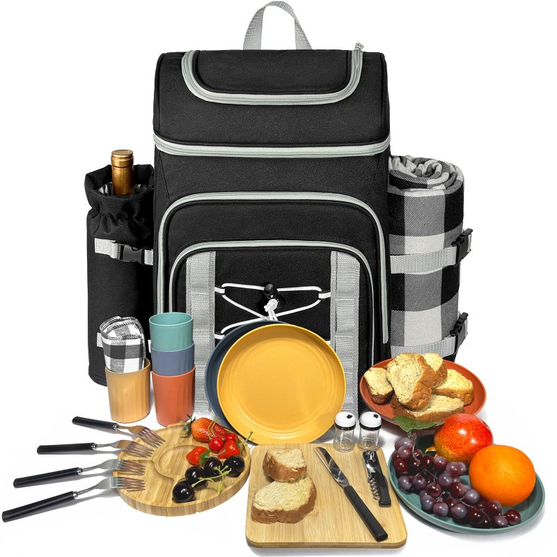 Hap Tim Picnic Basket Backpack for 4 Person with Blanket Insulated Leakproof Cooler Compartment Wine Holder Cutlery Set Engagement Gifts for Couples White Elephant Gift Ideas Black 36221DG - Image 2