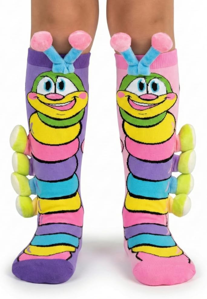 Glitters Funky 3D Caterpillar High Socks for Kids & Teens - Colorful Novelty Knee-High Socks with Plush Elements - Image 1