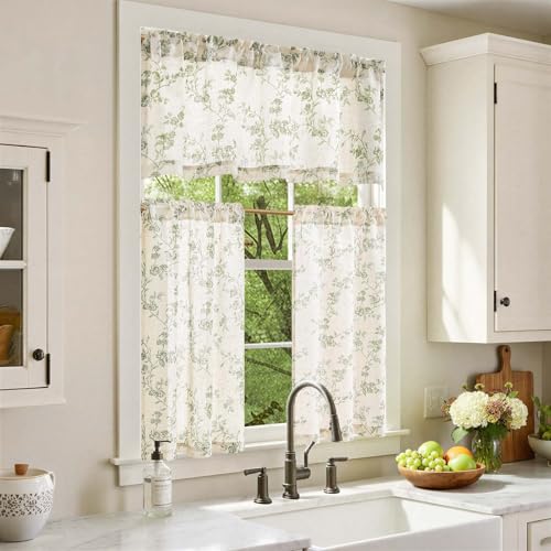 jinchan Floral Kitchen Curtains Set 36 Inch Length Farmhouse Linen Cafe Curtains and Valance Set for Living Room Bathroom Small Window Treatments Rod Pocket 3 Panels Green on Linen - Image 3