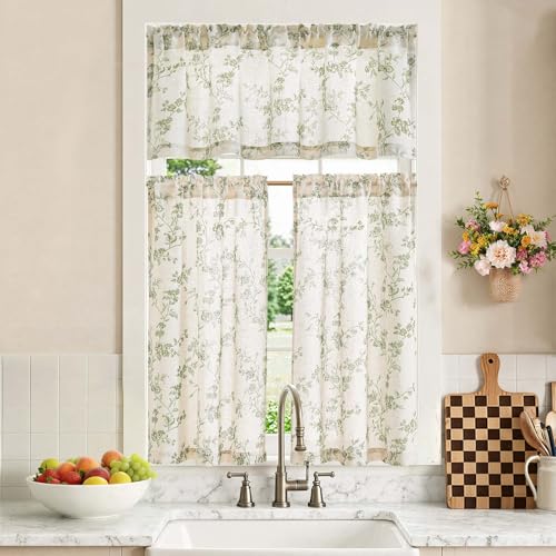 jinchan Floral Kitchen Curtains Set 36 Inch Length Farmhouse Linen Cafe Curtains and Valance Set for Living Room Bathroom Small Window Treatments Rod Pocket 3 Panels Green on Linen - Image 1