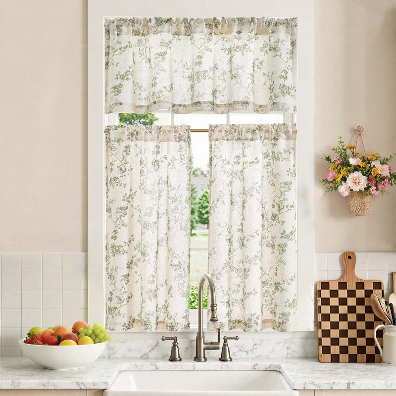jinchan Floral Kitchen Curtains Set 36 Inch Length Farmhouse Linen Cafe Curtains and Valance Set for Living Room Bathroom Small Window Treatments Rod Pocket 3 Panels Green on Linen - Image 2