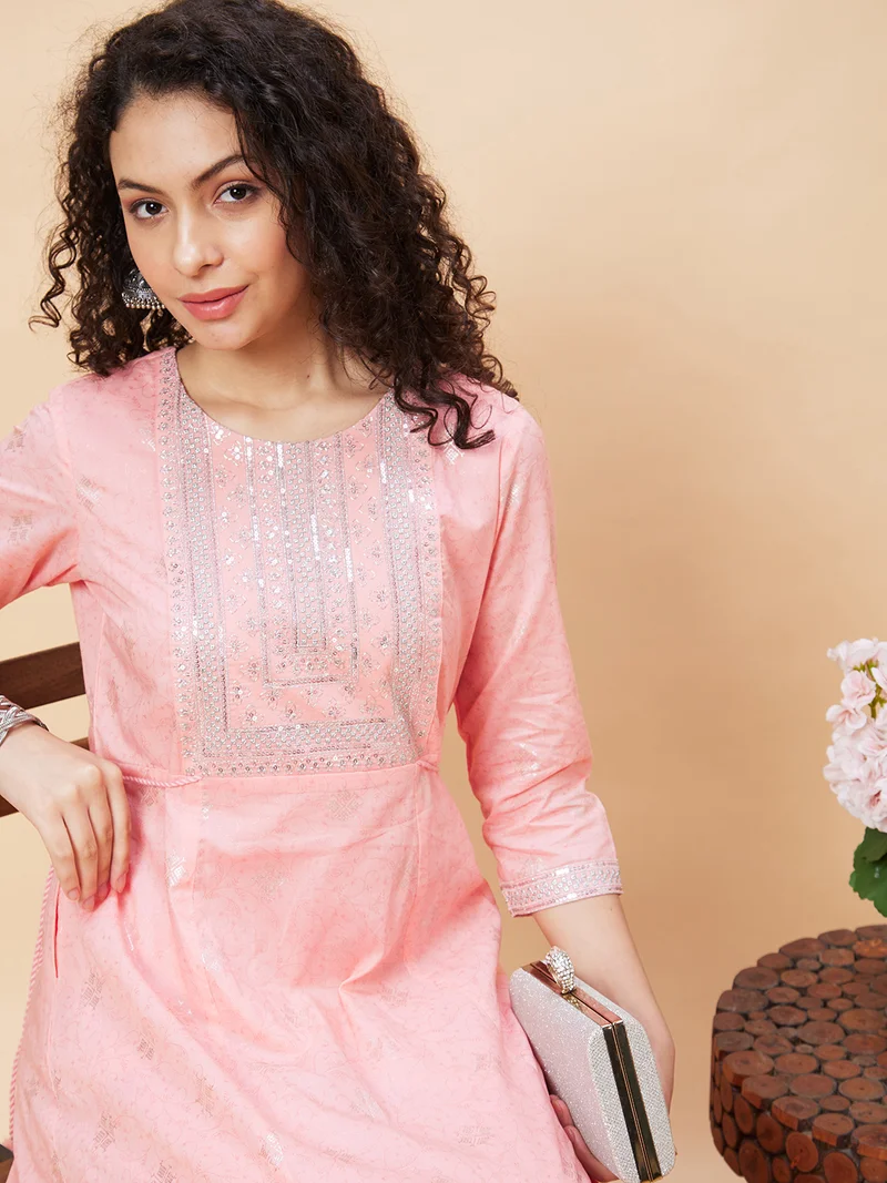 Women Floral Printed Sequinned Pure Cotton Kurta