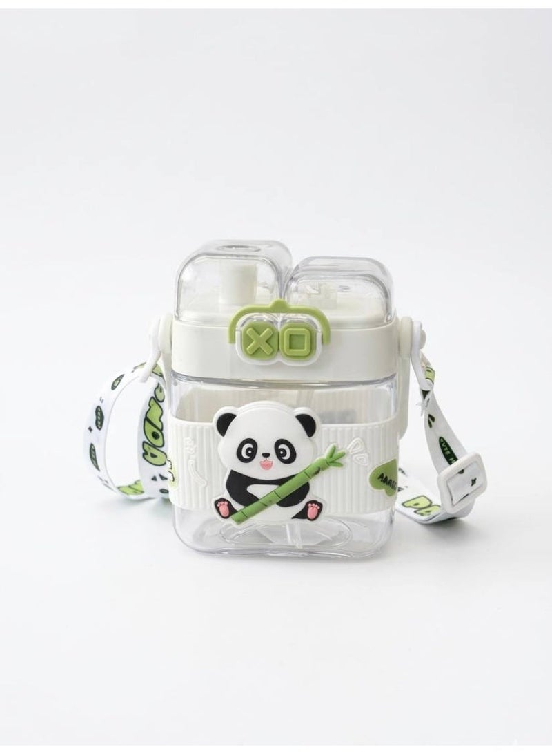 Cute Panda Square Water Bottle with Straw & Shoulder Strap - 500ml, Portable Sipper for Kids & School - Image 1