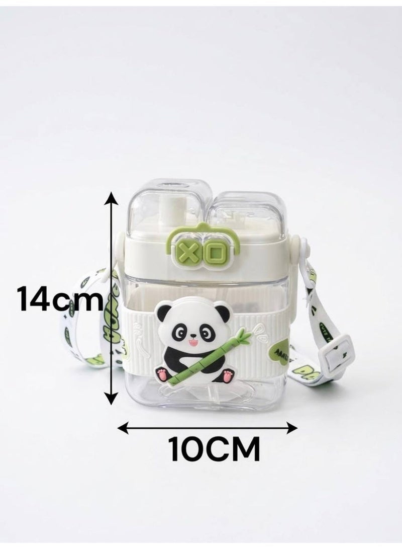 Cute Panda Square Water Bottle with Straw & Shoulder Strap - 500ml, Portable Sipper for Kids & School - Image 2
