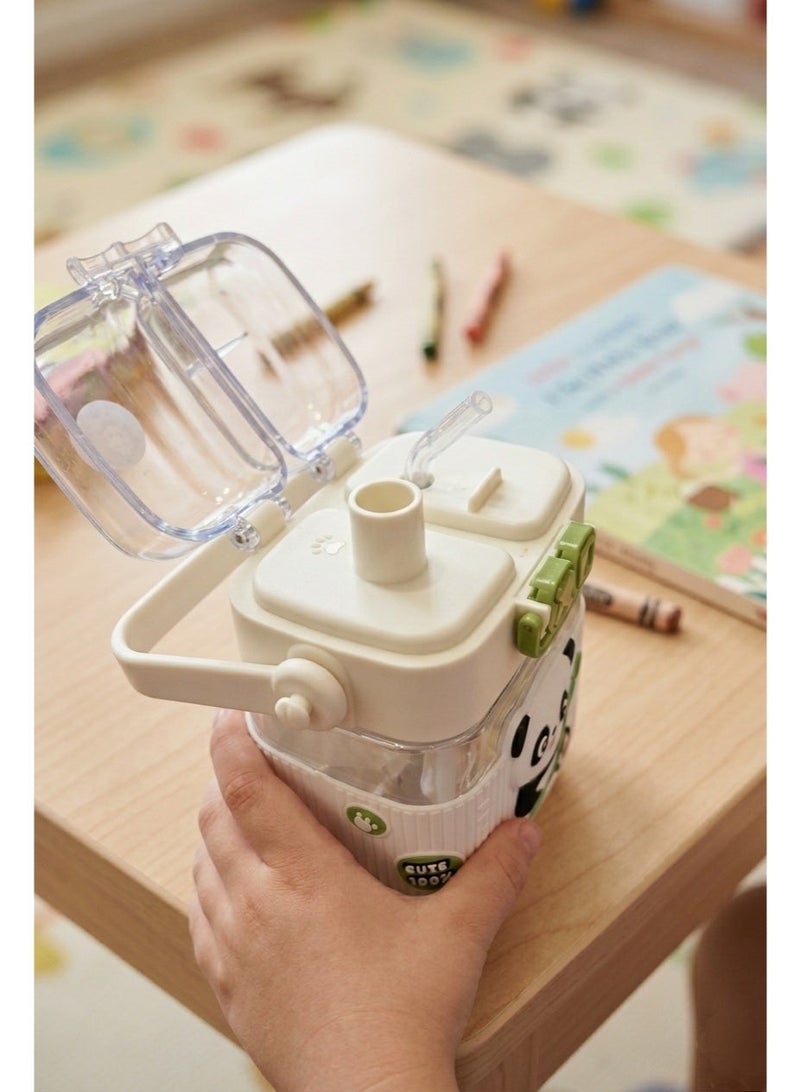 Cute Panda Square Water Bottle with Straw & Shoulder Strap - 500ml, Portable Sipper for Kids & School - Image 4