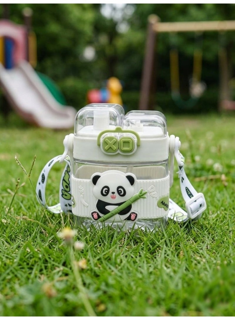 Cute Panda Square Water Bottle with Straw & Shoulder Strap - 500ml, Portable Sipper for Kids & School - Image 3