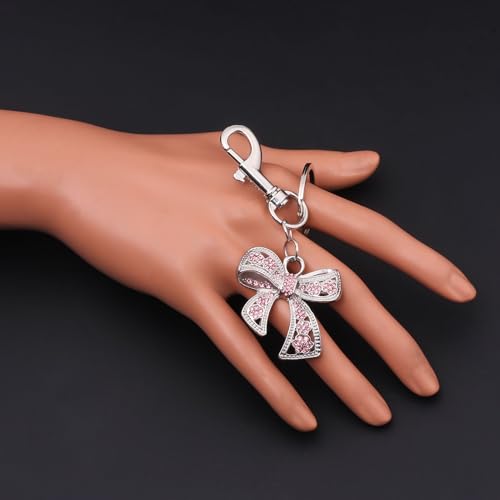 SORGERLY Pink Bow Bag Charm Keychain - Silver Key Chain, Cute Purse Handbag Accessories - Sparkly Gift for Women (Silver) - Image 2