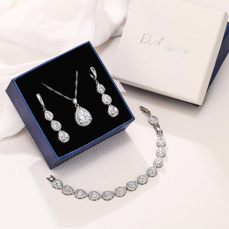 EleQueen Water Drop Pendant Necklace Long Dangle Earrings Tennis Bracelet Set, Sparkle Cubic Zirconia Silver Plated Clear Teardrop Wedding Jewelry Sets for Bride Bridesmaid, Christmas/Valentine's Day/Mother's Day/Birthday Gift for Wife/Girlfriend/Mom/Yourself - Image 3