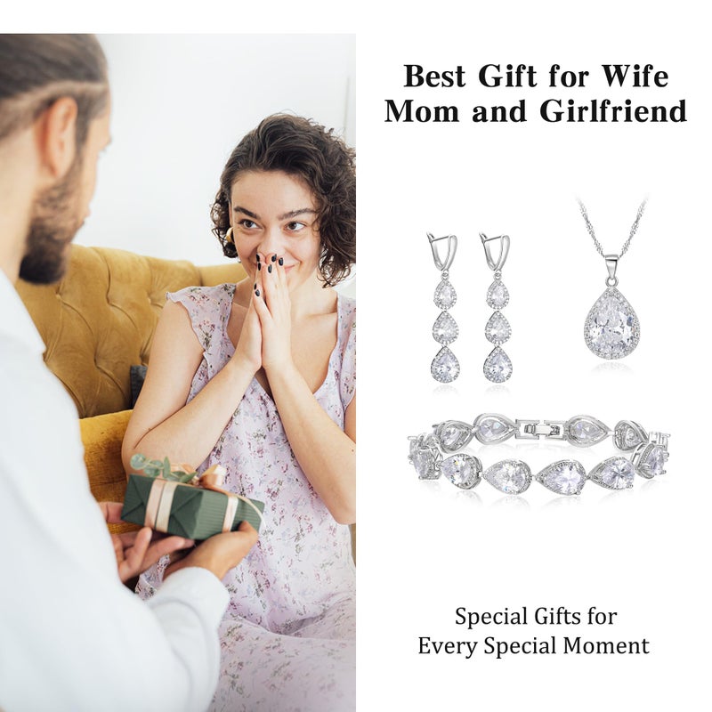 EleQueen Water Drop Pendant Necklace Long Dangle Earrings Tennis Bracelet Set, Sparkle Cubic Zirconia Silver Plated Clear Teardrop Wedding Jewelry Sets for Bride Bridesmaid, Christmas/Valentine's Day/Mother's Day/Birthday Gift for Wife/Girlfriend/Mom/Yourself - Image 4