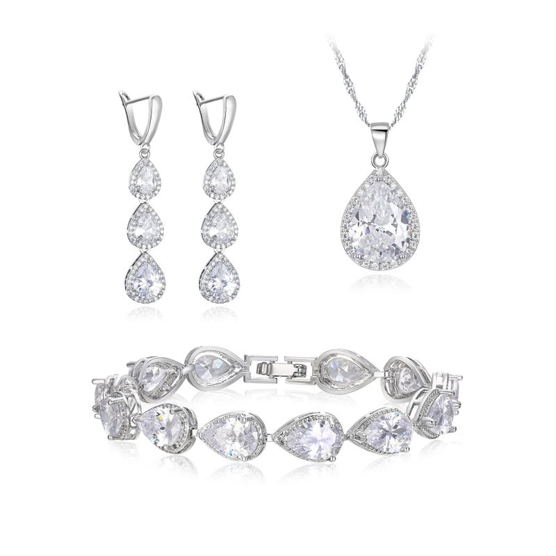EleQueen Water Drop Pendant Necklace Long Dangle Earrings Tennis Bracelet Set, Sparkle Cubic Zirconia Silver Plated Clear Teardrop Wedding Jewelry Sets for Bride Bridesmaid, Christmas/Valentine's Day/Mother's Day/Birthday Gift for Wife/Girlfriend/Mom/Yourself - Image 1