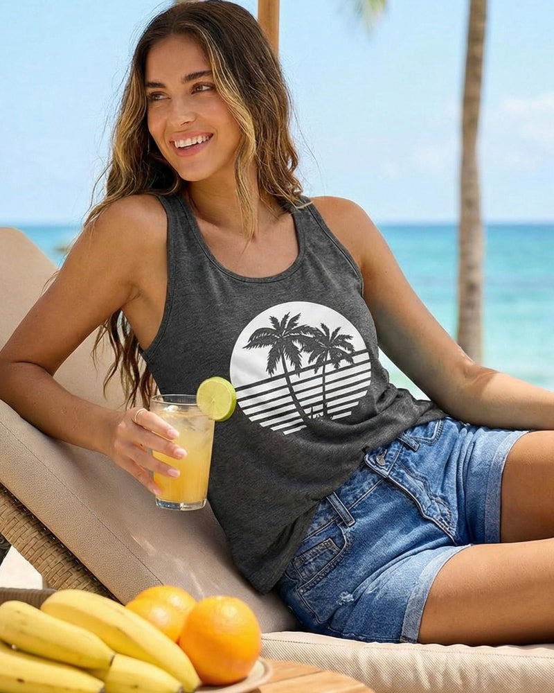 JILUVIN Tank Tops for Women Racerback Summer Sleeveless Top Casual Graphic Basic Shirts, Black Coconut Trees, L - Image 4