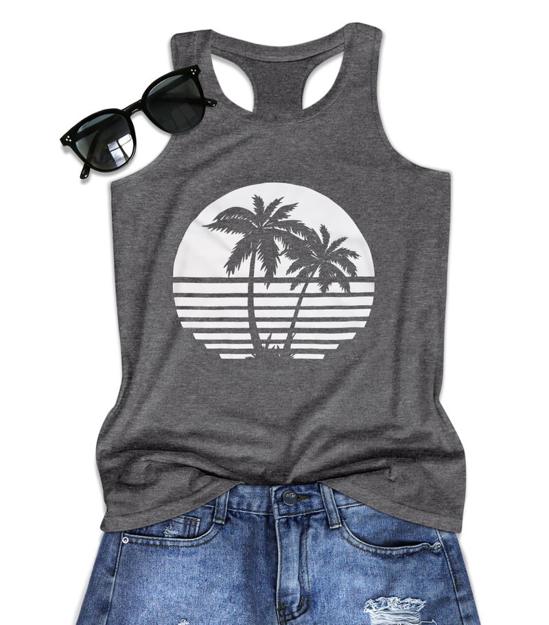 JILUVIN Tank Tops for Women Racerback Summer Sleeveless Top Casual Graphic Basic Shirts, Black Coconut Trees, L - Image 1