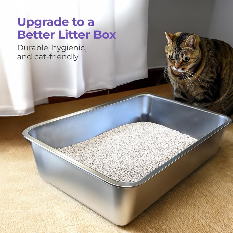 iPrimio Stainless Steel Litter Box - No Stick Litter Pan for Cats - XL Cat Box with Teflon Coating - Never Absorbs Odor or Rust - Ergonomic, Easy to Clean, Durable, Nonstick, Spacious Pans - Image 2