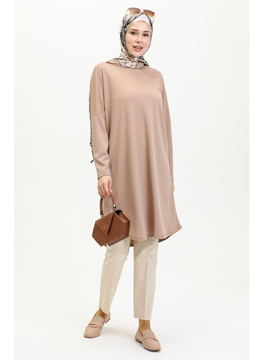 Sefa Merve Relaxed Cut Flowy Plain Tunic 8729-01 Milky Coffee  - Image 1