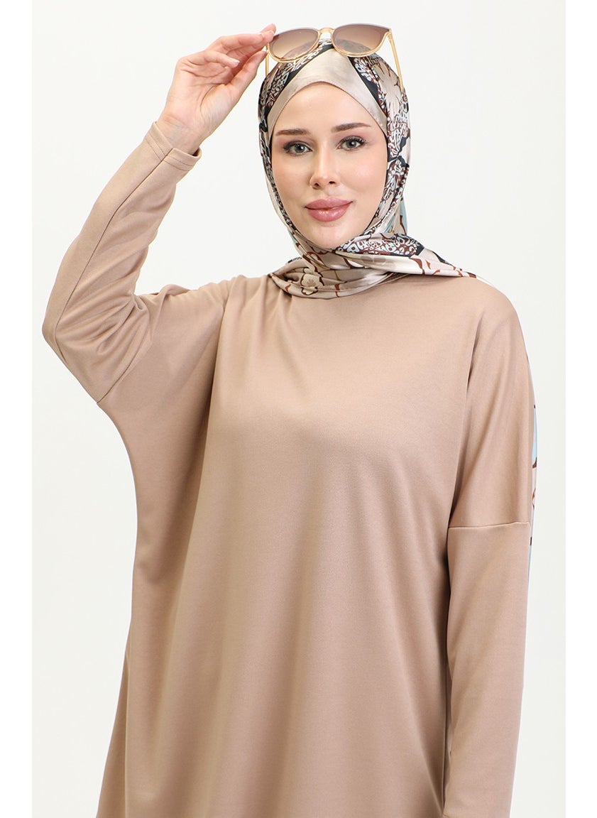 Sefa Merve Relaxed Cut Flowy Plain Tunic 8729-01 Milky Coffee  - Image 4
