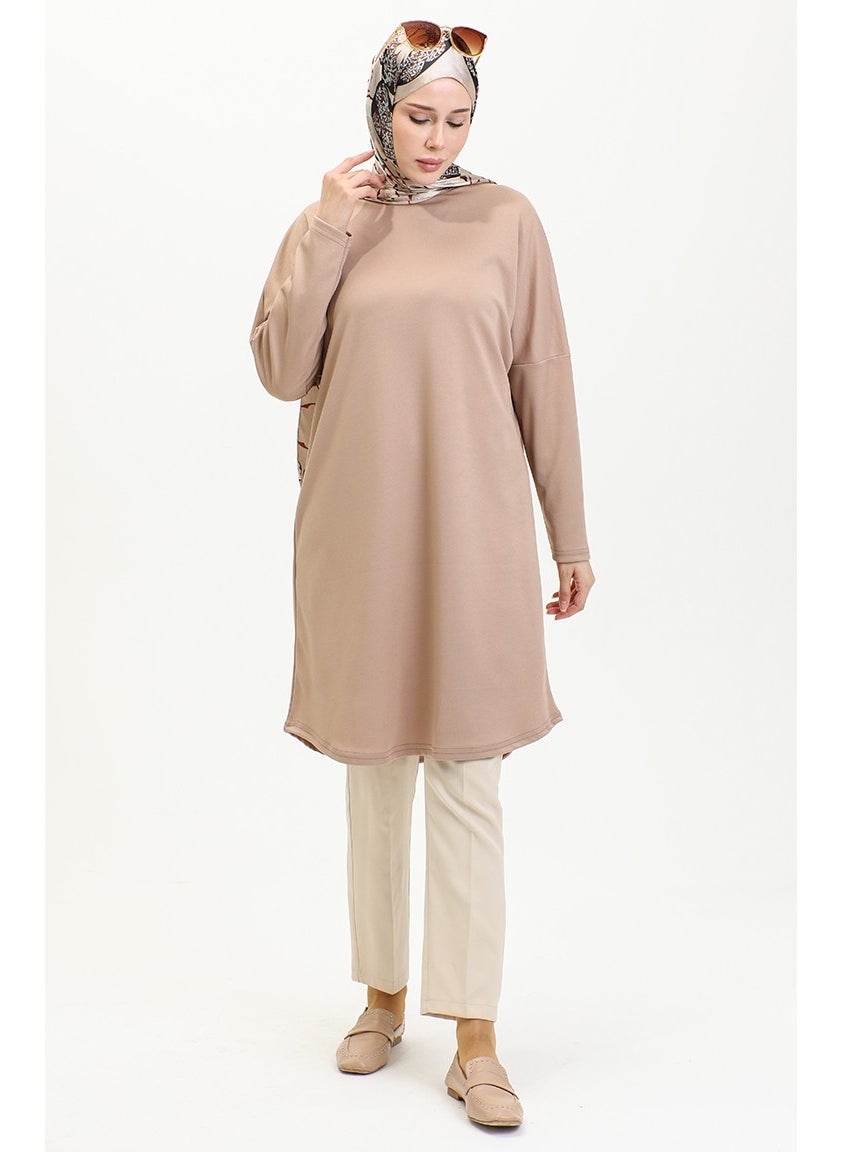 Sefa Merve Relaxed Cut Flowy Plain Tunic 8729-01 Milky Coffee  - Image 2
