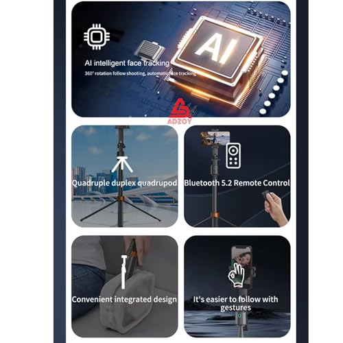 ADZOY Professional ADL-Q13 Intelligent AI Tracker Selfie Stick 180cm Wide Angle 360 Degrees Gimbal Foldable Auto Face Tracking with Remote | Overhead Phone Holder Stabilizer - Image 3