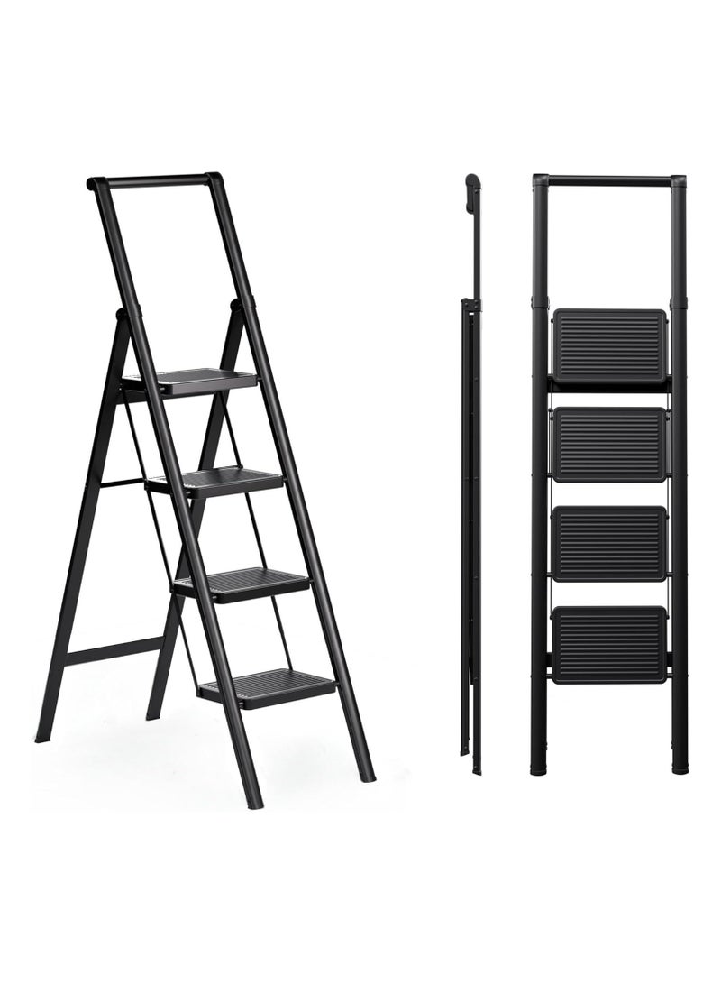 4 Step Ladder, Folding Step Stool with Wide Anti-Slip Pedal, Sturdy Steel Ladders, Convenient Handgrip, Lightweight, Portable Steel Step Ladders for Home and Kitchen (Black). - Image 1