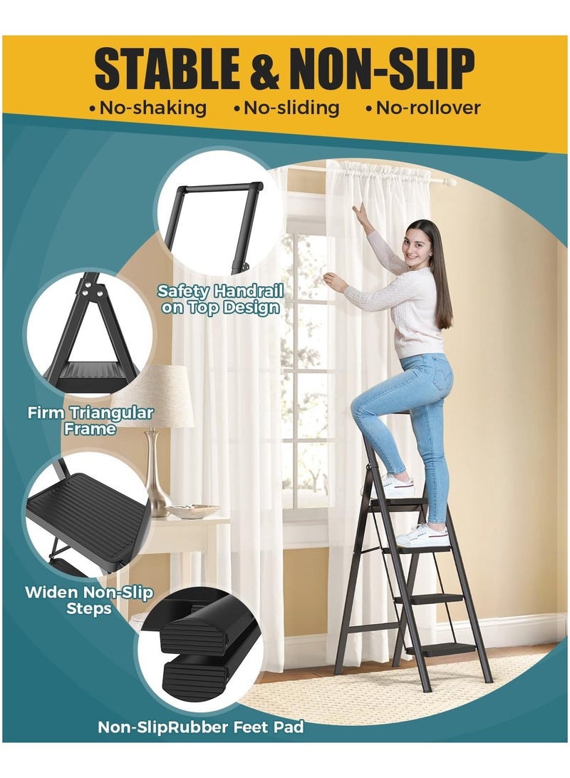 4 Step Ladder, Folding Step Stool with Wide Anti-Slip Pedal, Sturdy Steel Ladders, Convenient Handgrip, Lightweight, Portable Steel Step Ladders for Home and Kitchen (Black). - Image 2