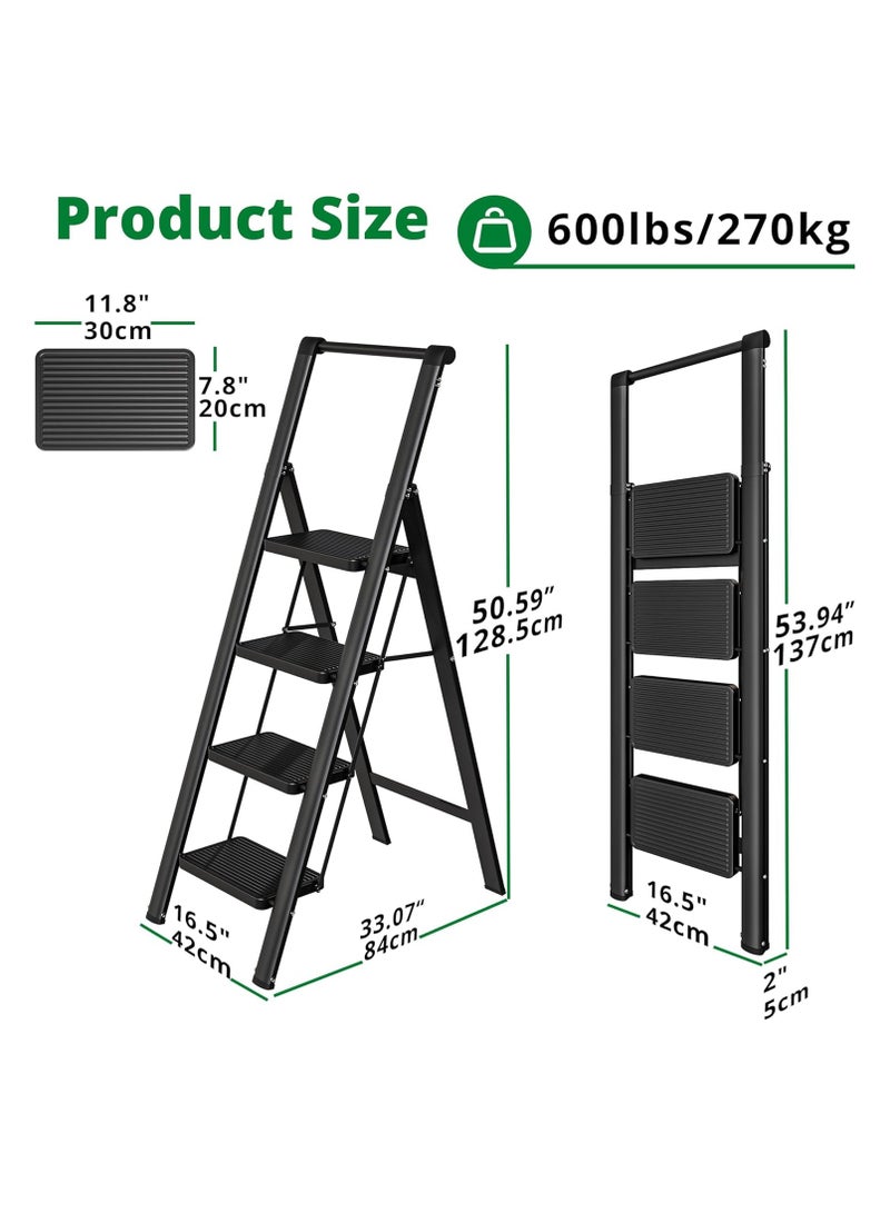4 Step Ladder, Folding Step Stool with Wide Anti-Slip Pedal, Sturdy Steel Ladders, Convenient Handgrip, Lightweight, Portable Steel Step Ladders for Home and Kitchen (Black). - Image 3