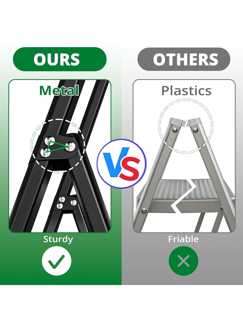 4 Step Ladder, Folding Step Stool with Wide Anti-Slip Pedal, Sturdy Steel Ladders, Convenient Handgrip, Lightweight, Portable Steel Step Ladders for Home and Kitchen (Black). - Image 4