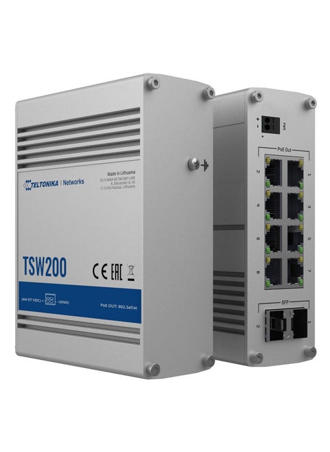 Teltonika TSW200 Industrial Unmanaged Switch, Gigabit Ethernet 8-port PoE, 2 SFP, Bandwidth 20 Gbps, Push-In, 1000 Mbps, Terminal Block