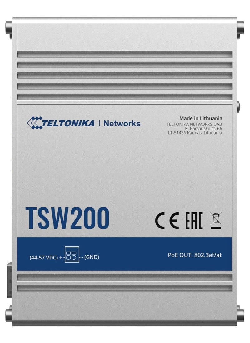 Teltonika TSW200 Industrial Unmanaged Switch, Gigabit Ethernet 8-port PoE, 2 SFP, Bandwidth 20 Gbps, Push-In, 1000 Mbps, Terminal Block