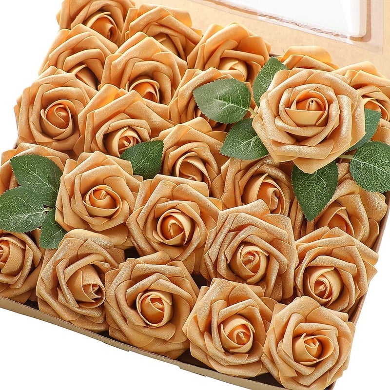 Floroom زهور صناعية من ، 25 قطعة، بلون برتقالي محروق، مصنوعة من الرغوة، وتأتي مع سيقان لتزيين باقات الزفاف أو طاولات الحفلات أو الديكور المنزلي. - Image 1
