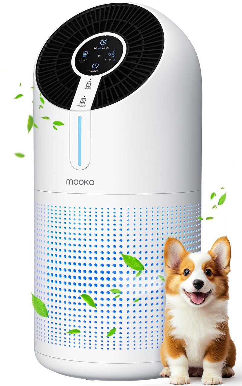 MOOKA Air Purifiers for Home Large Room up to 1095ft H13 HEPA Filter Air Cleaner for Pets Bedroom Remove Smoke Dust Pollens Dander Room Air Purifier with Timer Lock 4 Modes Night Light M02