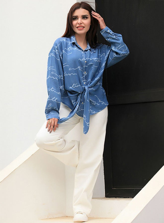 Ship Master Relaxed Fit Blue Denim Shirt with Abstract Print and Front Tie  - Image 1