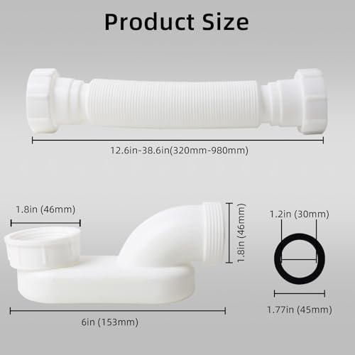Azucyzi Low Profile 1 12 P Trap Flexible Bathtub Shower Drain Pipe Flat P Trap Kit for Freestanding Tub Space Saving Bath Drain Assembly Easy Install Durable Plumbing Replacement - Image 3