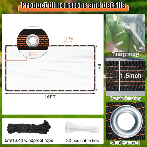 ZYP 2PCS 8x16 FT Heavy Duty Clear Waterproof Tarps Outdoor Garden Rainproof CoveringClear Vinyl Tarp with GrommetsTransparent Waterproof Tarpaulin for Covering Henhouse Porch Canopy Plant Camping - Image 3