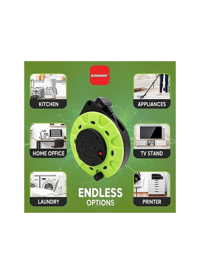 ADMORE ADMORE England Green & Black 10 meters Power Extension Reel With 4 Socket Power Cable Extensions | 4-way Outlets | Retractable Power Strip | Round extension Cord | 1.25mm 99.9% Pure Copper Cable  - Image 5