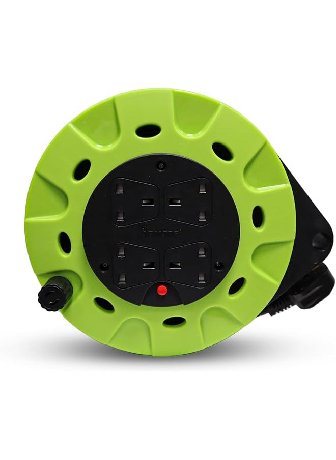ADMORE ADMORE England Green & Black 10 meters Power Extension Reel With 4 Socket Power Cable Extensions | 4-way Outlets | Retractable Power Strip | Round extension Cord | 1.25mm 99.9% Pure Copper Cable  - Image 1