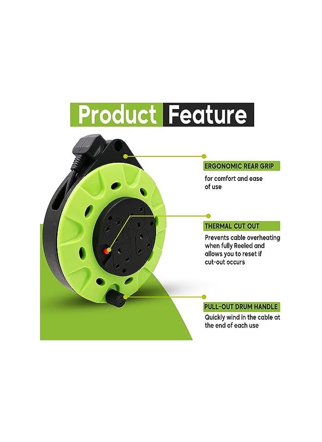 ADMORE ADMORE England Green & Black 10 meters Power Extension Reel With 4 Socket Power Cable Extensions | 4-way Outlets | Retractable Power Strip | Round extension Cord | 1.25mm 99.9% Pure Copper Cable  - Image 3