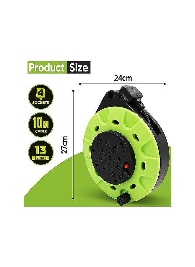 ADMORE ADMORE England Green & Black 10 meters Power Extension Reel With 4 Socket Power Cable Extensions | 4-way Outlets | Retractable Power Strip | Round extension Cord | 1.25mm 99.9% Pure Copper Cable  - Image 2