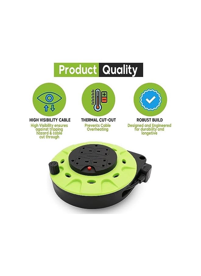 ADMORE ADMORE England Green & Black 10 meters Power Extension Reel With 4 Socket Power Cable Extensions | 4-way Outlets | Retractable Power Strip | Round extension Cord | 1.25mm 99.9% Pure Copper Cable  - Image 4