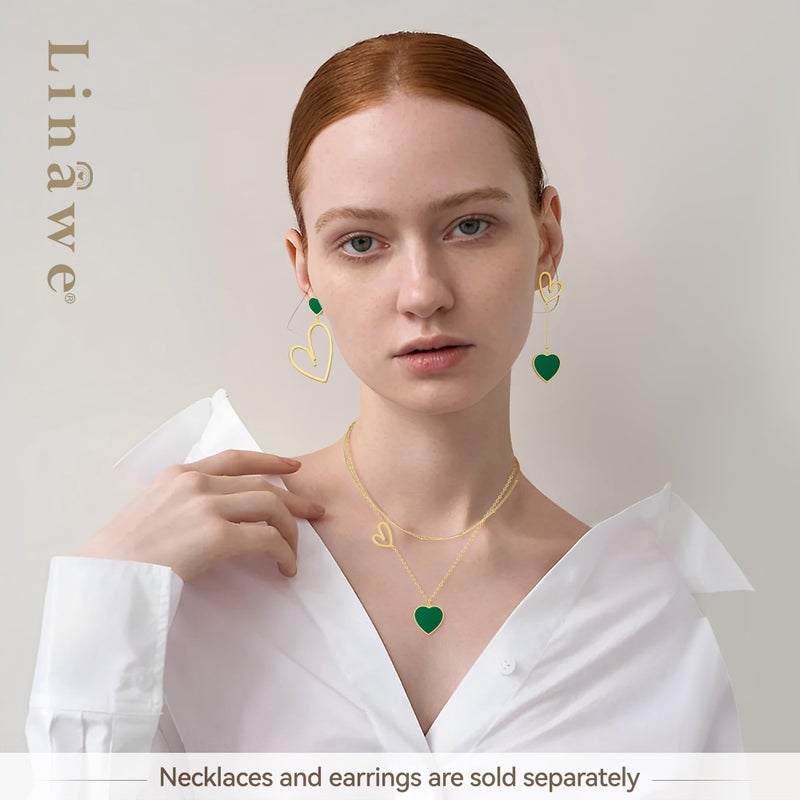 Linawe Gold Heart Earrings for Women Trendy, Emerald Green Dangle Drop Earrings, Titanium Stainless Steel Hypoallergenic Asymmetrical Mismatched Love Earrings, Heart Jewelry - Image 4