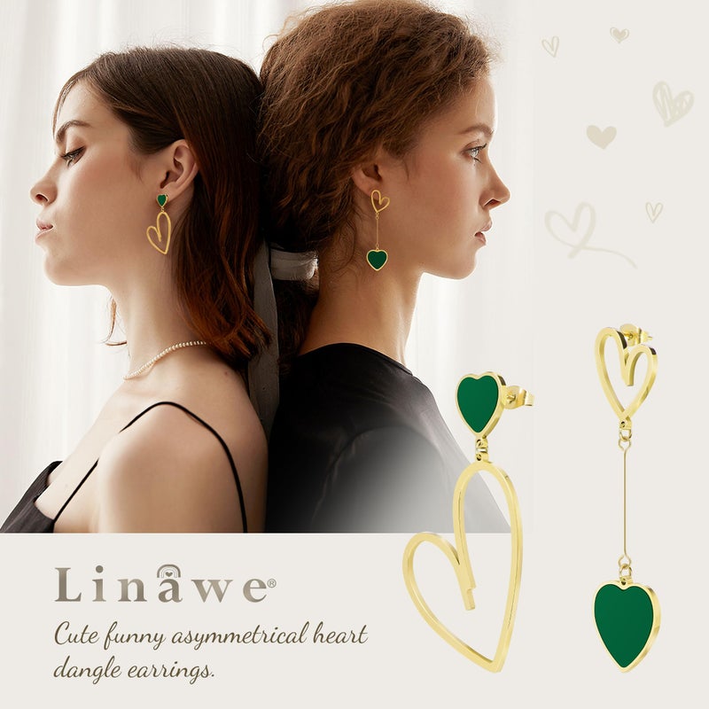 Linawe Gold Heart Earrings for Women Trendy, Emerald Green Dangle Drop Earrings, Titanium Stainless Steel Hypoallergenic Asymmetrical Mismatched Love Earrings, Heart Jewelry - Image 2
