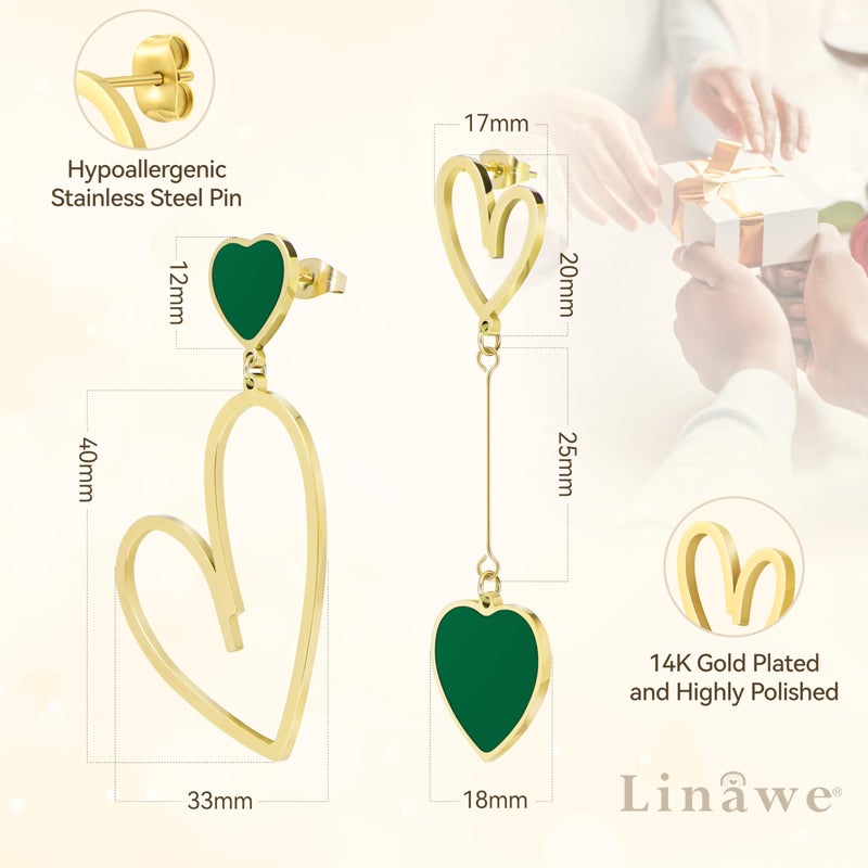 Linawe Gold Heart Earrings for Women Trendy, Emerald Green Dangle Drop Earrings, Titanium Stainless Steel Hypoallergenic Asymmetrical Mismatched Love Earrings, Heart Jewelry - Image 5