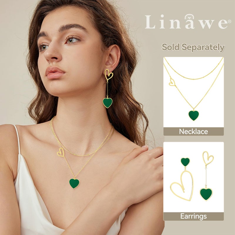 Linawe Gold Heart Earrings for Women Trendy, Emerald Green Dangle Drop Earrings, Titanium Stainless Steel Hypoallergenic Asymmetrical Mismatched Love Earrings, Heart Jewelry - Image 3