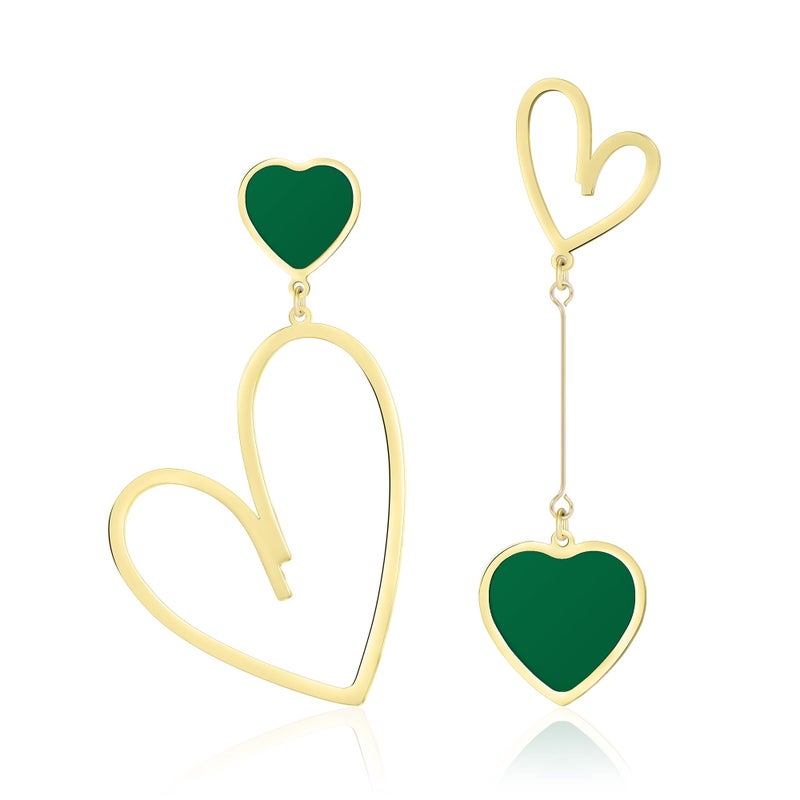Linawe Gold Heart Earrings for Women Trendy, Emerald Green Dangle Drop Earrings, Titanium Stainless Steel Hypoallergenic Asymmetrical Mismatched Love Earrings, Heart Jewelry - Image 1