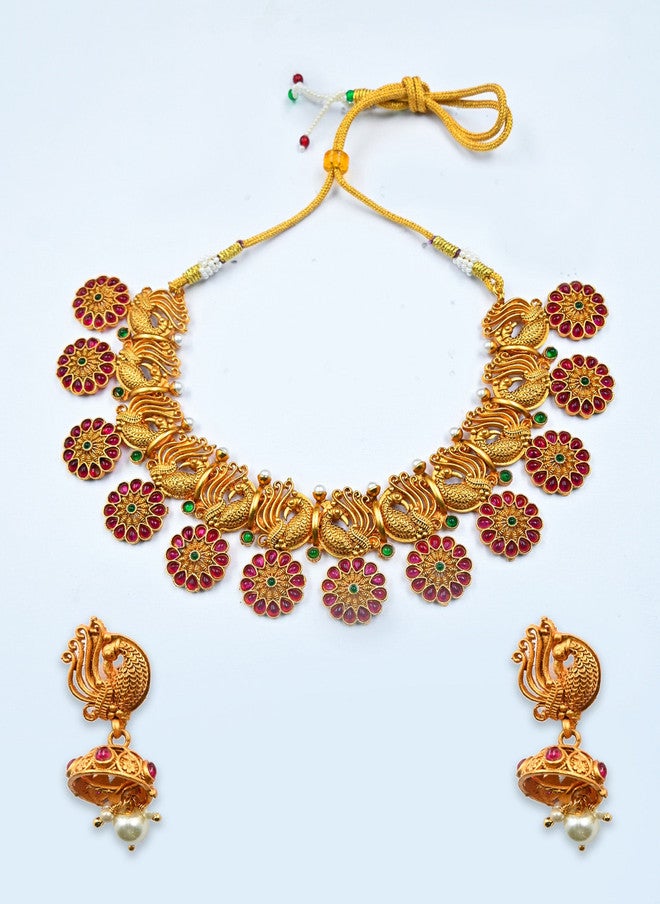 StileAdda Gold-Plated Temple Jewellery Set with Red Stone-Studded Necklace and Earrings - Image 2