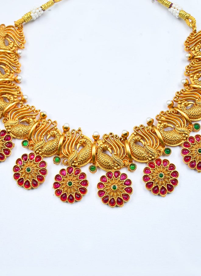 StileAdda Gold-Plated Temple Jewellery Set with Red Stone-Studded Necklace and Earrings - Image 3