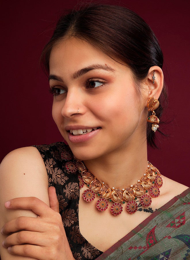 StileAdda Gold-Plated Temple Jewellery Set with Red Stone-Studded Necklace and Earrings - Image 5