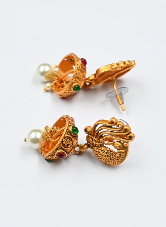 StileAdda Gold-Plated Temple Jewellery Set with Red Stone-Studded Necklace and Earrings - Image 4