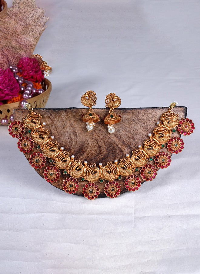 StileAdda Gold-Plated Temple Jewellery Set with Red Stone-Studded Necklace and Earrings - Image 1