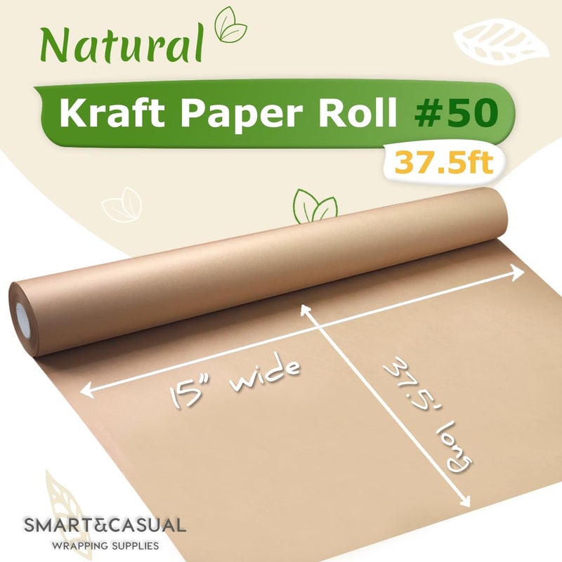SMART&CASUAL 15" x 450" (37.5') Kraft Paper Roll for Art Craft Supplies Gift Wrapping Moving Packing Kids Painting Drawing Paint Easel Poster Chart Paper (Brown, 15" W x 450" L (37.5')) - Image 2