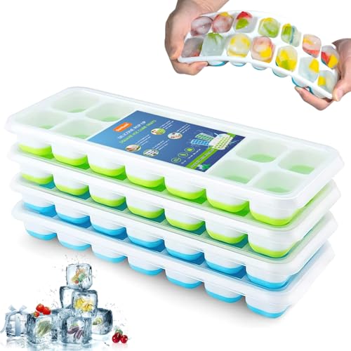 Solitude 4 Pcs Silicone Pop Up Square Ice Cube Trays with 56 Cavities for Freezer with Lid Easy Release Flexible Bottom, StackableTray, 100% BPA Free, Food Grade for Freezer, Cocktail - Image 1