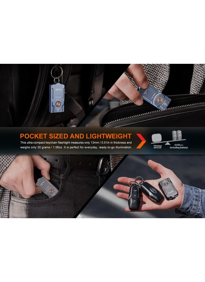 Fenix E03R V2 500 Lumen USB Rechargeable LED Keychain Flashlight EdisonBright Accessory case Bundle Grey
